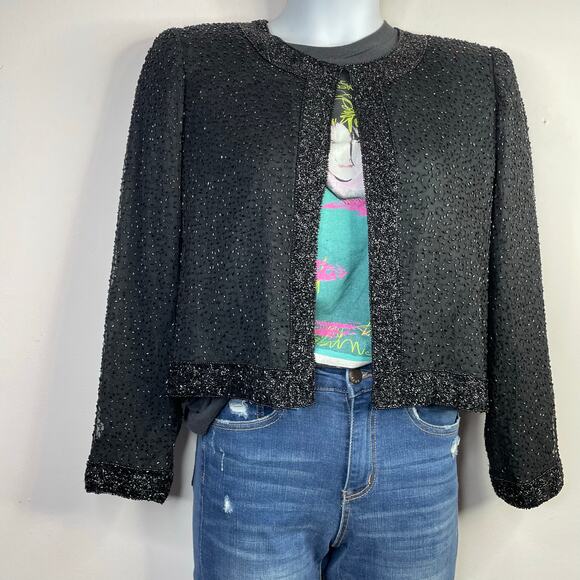 Vintage 90s Stenay Black Silk Glam Party Beaded Long Sleeve Jacket Womens M L - Picture 4 of 9